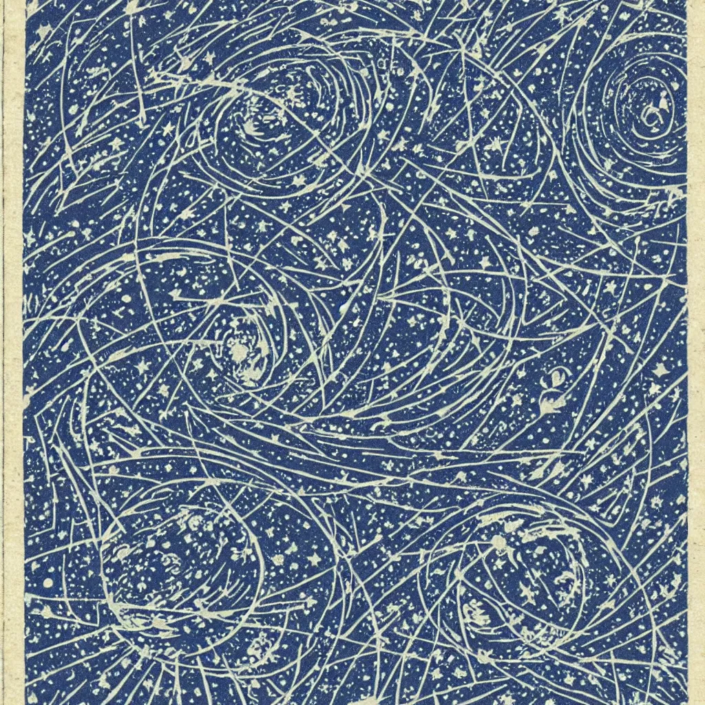 Image similar to optical illusion woodblock print, galactic phenomena outer space \stamp pattern