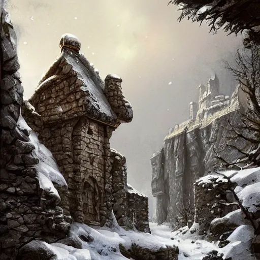 Prompt: A medieval Nordic castle and houses near a cliff in the snow, 2 big stone statues at the entrance of the castle, fantasy, highly detailed, digital painting, artstation, concept art, illustration, art by Greg Rutkowski and Marc Simonetti
