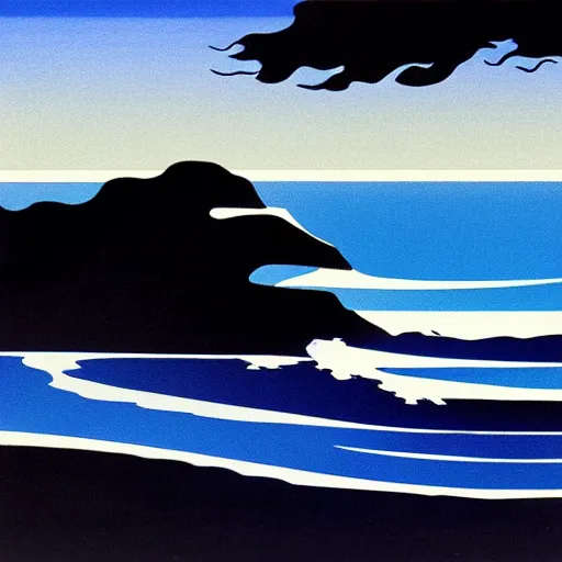 Prompt: top down view of a coastline with waves crashing on the shore, shades of blue, by eyvind earle