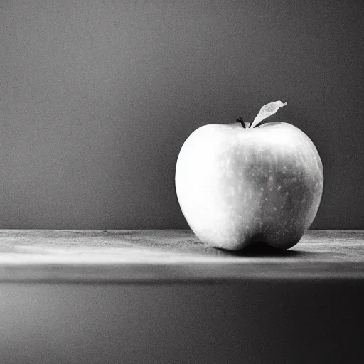 Image similar to A pinhole-styled photograph of a surrealist scene of an apple in a room with some strange objects scattered around, shallow depth of field, wide-angle lens