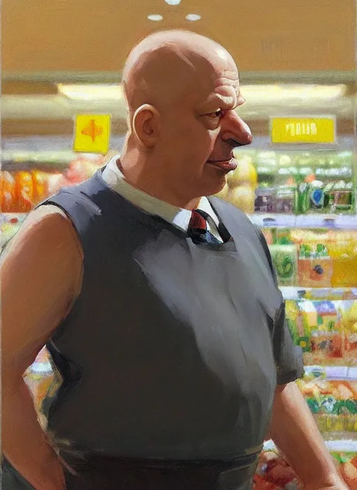 Image similar to portrait of homer simpson in the supermarket, calm, fantasy character portrait, dynamic pose, artwork by Jeremy Lipkin and Giuseppe Dangelico Pino and Michael Garmash and Rob Rey, very coherent asymmetrical artwork, sharp edges, perfect face, simple form, 100mm