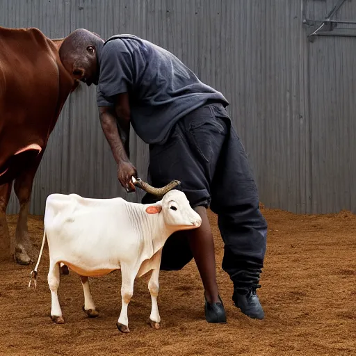 Image similar to kanye west milking a cow, realistic, 8 k, high details, detailed face, sharp focus