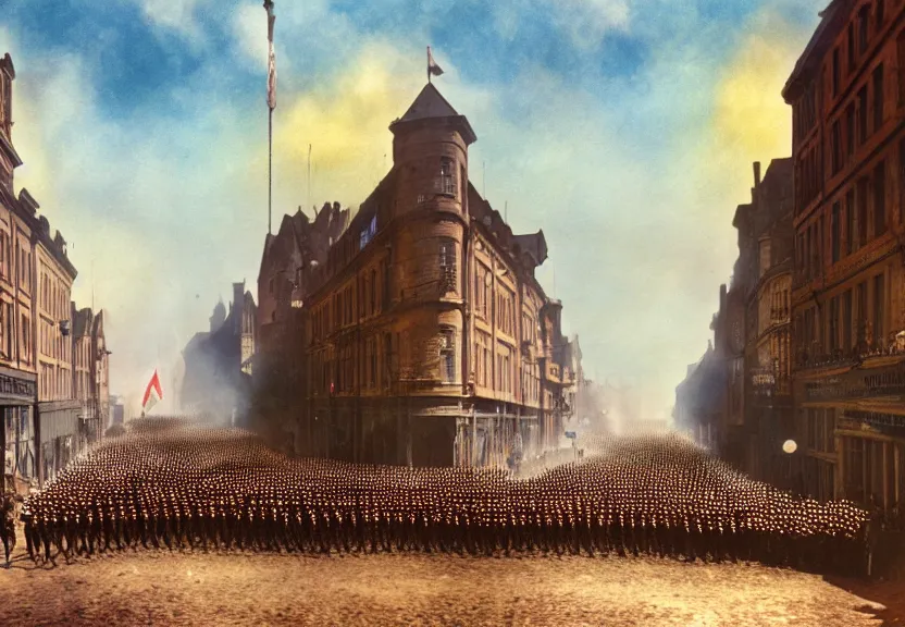 Prompt: a wwi army parade down a town street, first world war, british, blue sky, 2 0 th century, sunny, detailed, volumetric, cinematic lighting, realistic, digital art