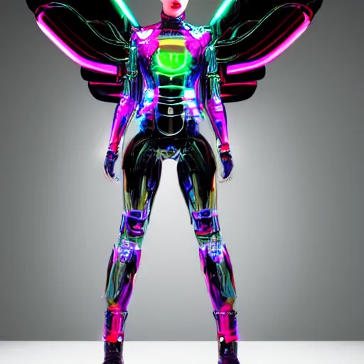 Prompt: Cyborg Woman, full-body shot of a woman with large mechanical wings, neon art style, futuristic art style, photorealistic imagery, photorealistic photos, heavily detailed, 8k quality, by Leo Avero and Eva Balloon, award-winning art