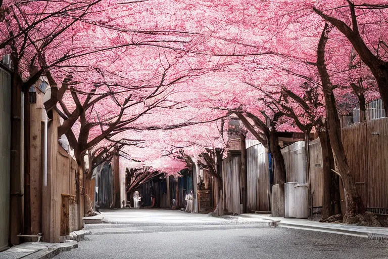 Prompt: beautiful Japanese alleyway with sakura trees by Vincent Di Fate, rule of thirds, beautiful, sharp focus