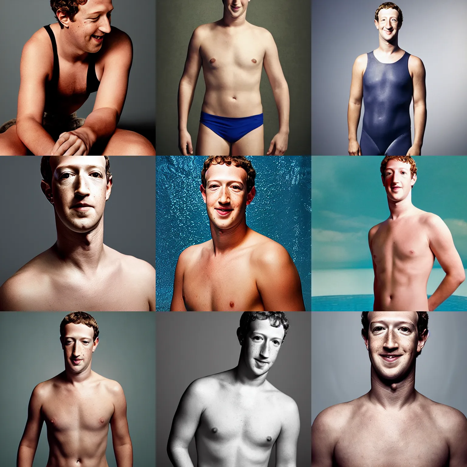 Image similar to Photo of Mark Zuckerberg in swimsuit, soft studio lighting, photo taken by Martin Schoeller for Abercrombie and Fitch, award-winning photo, 24mm f/1.4