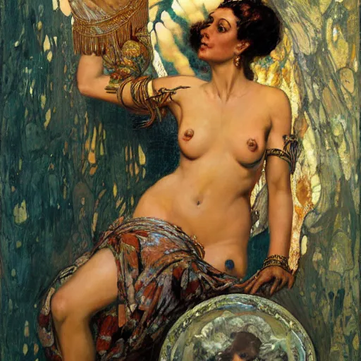 Prompt: portrait of a beautiful goddess, painted by jack kirby, lawrence alma tadema, norman rockwell, greg staples, wayne barlow, jacob collins, tom lovell, frank schoonover, neville page