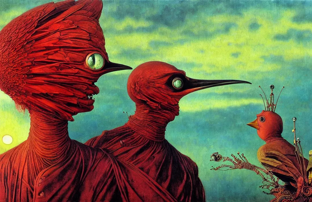 Image similar to realistic detailed portrait movie shot of a birdman wearing dark ragged robes, sci fi city sunset landscape background by denis villeneuve, amano, yves tanguy, alphonse mucha, ernst haeckel, max ernst, roger dean, masterpiece, rich moody colours, bird head, blue eyes