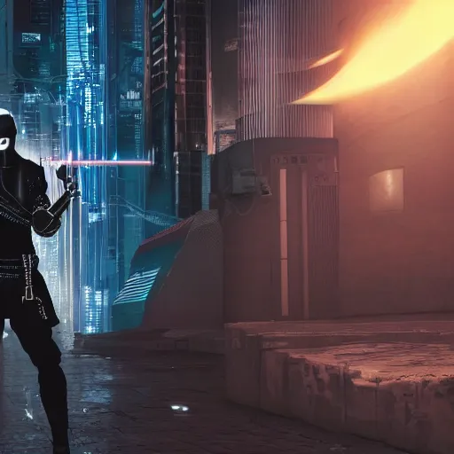 Prompt: photo of a cyberpunk ninja with weapons