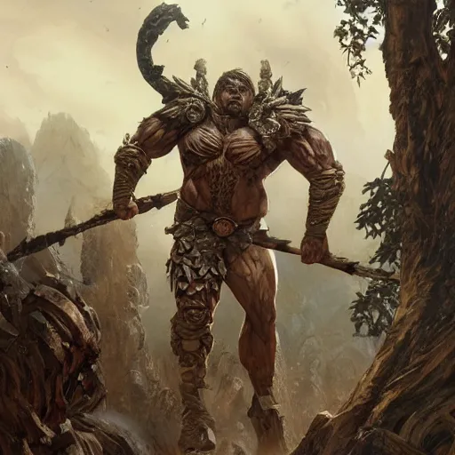 Image similar to muscular ogre - like fierce warrior with tree - bark skin wearing intricate stone and wood armor, towering above a group of soldiers, battlefield, highly detailed, digital painting, artstation, concept art, smooth, sharp focus, illustration, art by artgerm and greg rutkowski and alphonse mucha