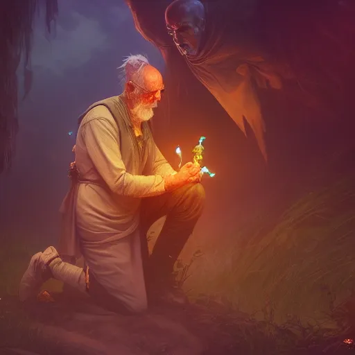 Prompt: an old necromancer kneeling down trying to resurrect his friend from dead, Green aura, artstation, Grim fantasy,emotional, EOS R5, f/2.5 , illustration , concept art, award winning photograph, 8k, Alphonse Mucha style,