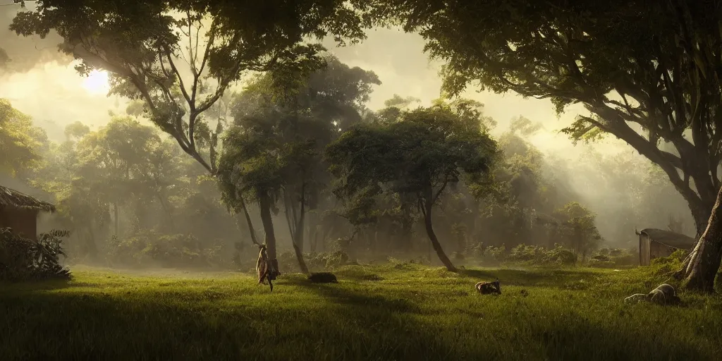 Image similar to kerala village countryside, beautiful dynamic lighting, cinematic, wide angle establishing shot, extremely high detail, photo realistic, cinematic lighting, post processed, concept art, artstation, matte painting, style by eddie mendoza, raphael lacoste, alex ross, volumetric lighting, light rays, photorealistic, ultrarealistic, moody, coronarender, 8k