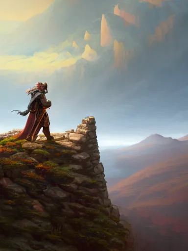 Prompt: over the shoulder powerful king, from the top of the stone walls, looking to the very distant horizon full of montains and valleys. intricate, elegant, highly detailed, digital painting, artstation, concept art, sharp focus, illustration, by justin gerard and artgerm, 8 k