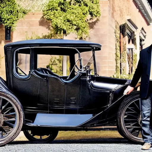 Image similar to elon musk shows off by getting into a 1 9 0 0 ford car, highly detailed, 8 k, masterpiece, super resolution.