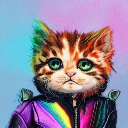 Image similar to wide angle full body, jacket wearing fluffy cute rainbow kitten wearing a black leather motorcycle jacket, riding on a motorcycle, cinematic concept art