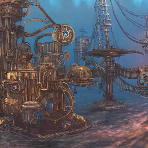 Image similar to a steampunk city on mechanical legs in the ocean