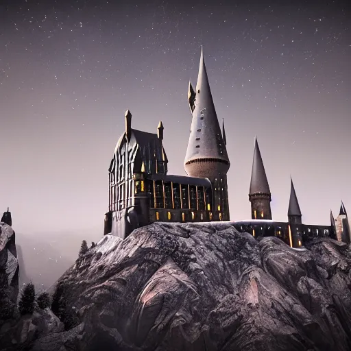 Image similar to hogwarts towers, night sky, mid shot, ultra detailed, hyperrealistic, octane render, unreal engine, snow, mist and fog, depth of field, intricate details, ornate