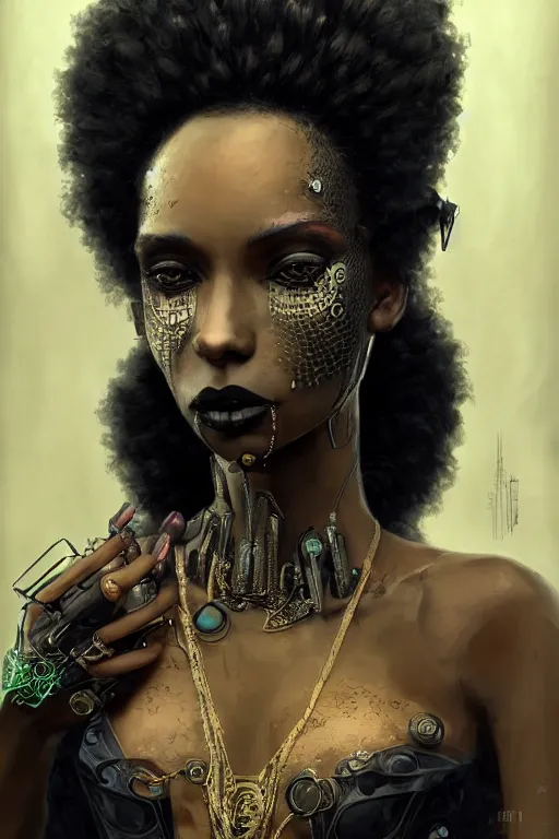 Prompt: portrait of a beautiful young gothic Black woman, cyberpunk, Warhammer, highly detailed, artstation, illustration, art by Gustav Klimt
