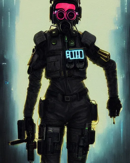 Image similar to detailed portrait neon female swat officer, cyberpunk futuristic, neon, gas mask, reflective puffy coat, decorated with traditional japanese by ismail inceoglu dragan bibin hans thoma greg rutkowski alexandros pyromallis nekro rene margitte, fire & smoke, illustrated, perfect face, fine details, realistic shaded, fine - face, pretty face