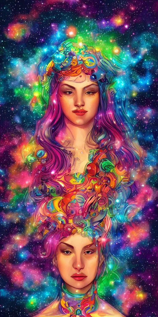 Prompt: The goddess of colorful constellations, trending on artstation