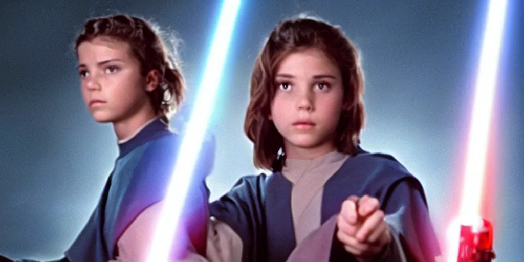 Prompt: a full color still of a teen brunette Jedi padawan holding a lightsaber hilt with laser bolts flashing by, cinematic lighting, 1999, directed by Steven Spielberg, 35mm