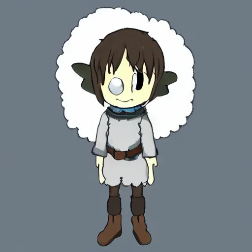 Image similar to boy wearing sheep suit. white, gray, blue, green and brown pallet color. made in abyss art style