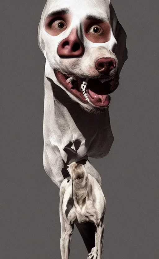 Image similar to human borzoi, human with elongated face and skull, dog man, cute, strange, surreal, hyperrealistic