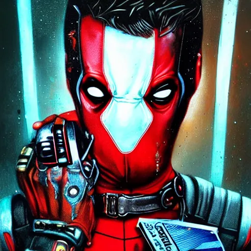 Image similar to dream portrait of Deadpool, cameras, melting ,8k,by tristan eaton,Stanley Artgermm,Tom Bagshaw,Greg Rutkowski,Carne Griffiths, Ayami Kojima, Beksinski, Giger,trending on DeviantArt,face enhance,hyper detailed,minimalist,cybernetic, android, blade runner,full of colour W 1024