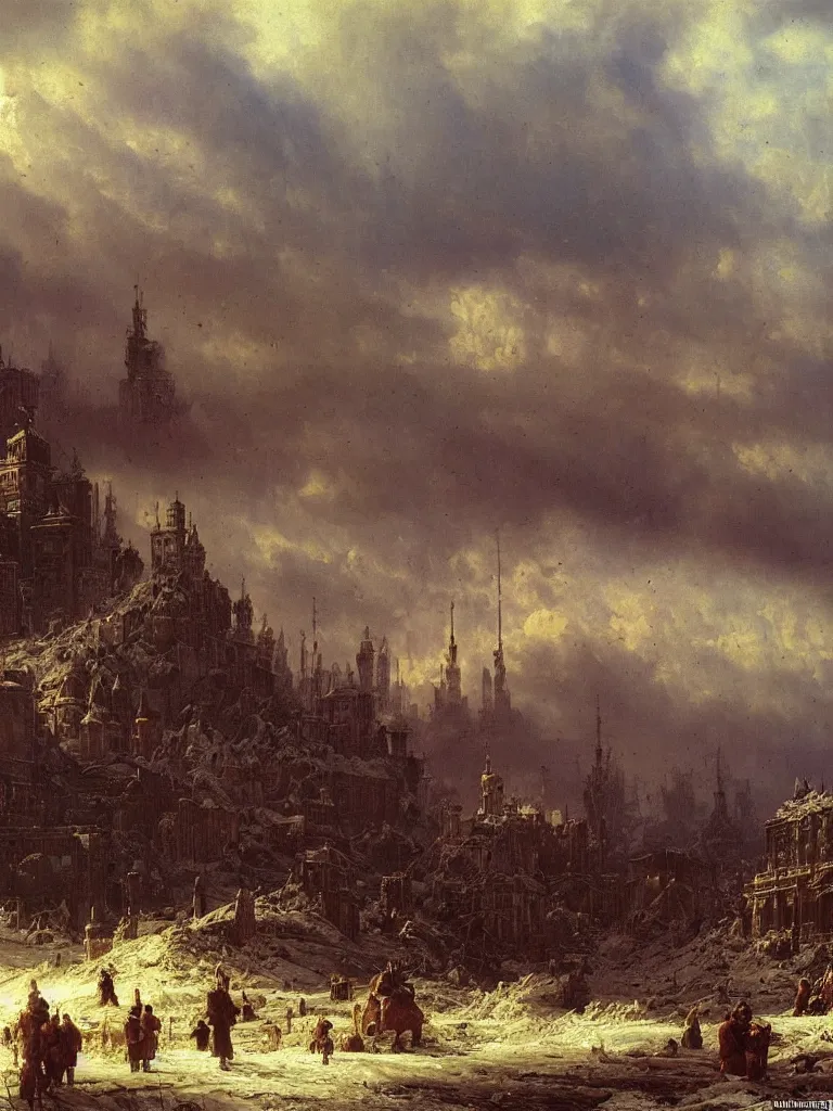 Prompt: post apocalyptic city by ivan shishkin and aivazovsky, oil on canvas, highly detailed, masterpiece