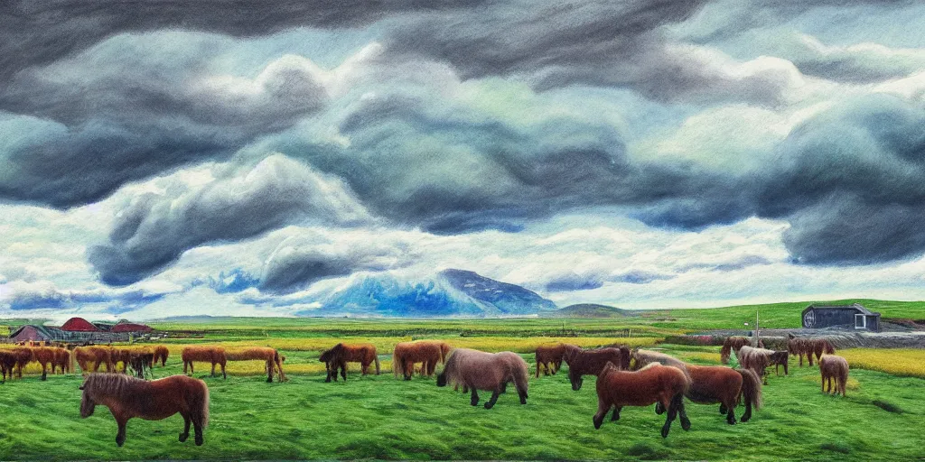 Image similar to a beautiful painting of a icelandic farm, one icelandic horses galloping, storm clouds gathering over the town, by studio ghibli 8 k pastel colours, isometric, six point perspective, drone shot, smeared watercolours, golden light, film grain