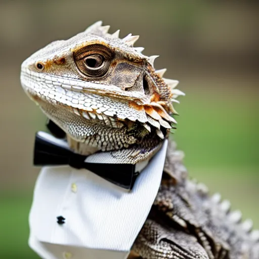 Image similar to dslr portrait still of a bearded dragon wearing a top hat and bow tie, 8 k 8 5 mm f 1. 4