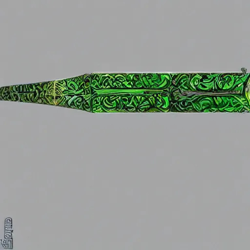 Image similar to Oil painting concept art of a magical acid sword glowing bright green, very intricate hilt, green color scheme, highly detailed concept art.