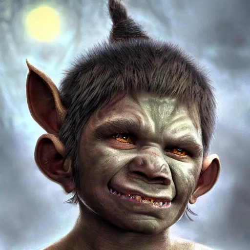 Image similar to a detailed portrait of a child orc boy, fantasy art illustration, incredibly highly detailed and realistic, 8 k, sharp focus