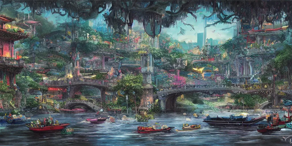 Image similar to magic city with with rivers and aqueducts as streets. various boats. mtg. magic the gathering by yeong hao han