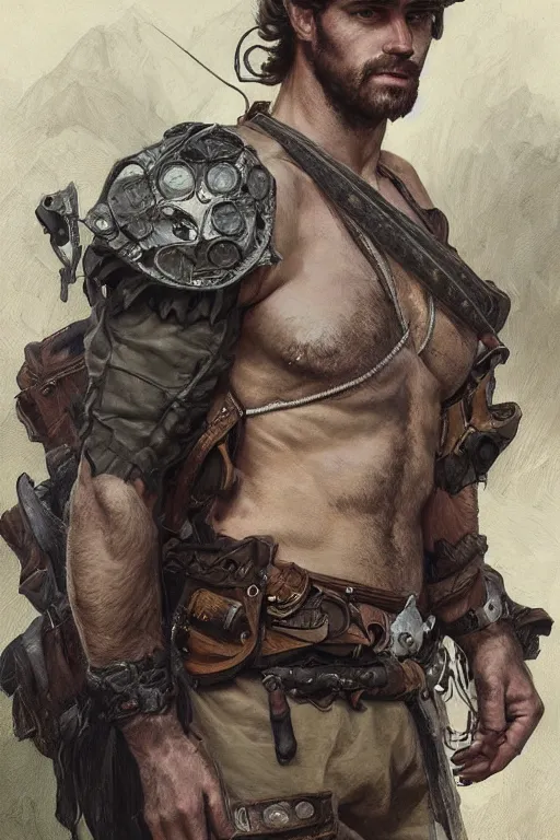 Image similar to portrait of a young rugged ranger, muscular, handsome, upper body, hairy torso, D&D, fantasy, intricate, elegant, highly detailed, digital painting, artstation, concept art, smooth, sharp focus, illustration, art by artgerm and Greg Rutkowski and Alphonse Mucha