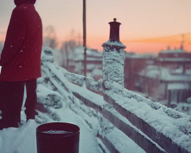 Image similar to lomographic film still photo of 4 0 years russian man with beard and sweater standing on small hrushevka 9 th floor balcony full with cigarette smoke in winter taiga looking at sunset, cinestill, bokeh