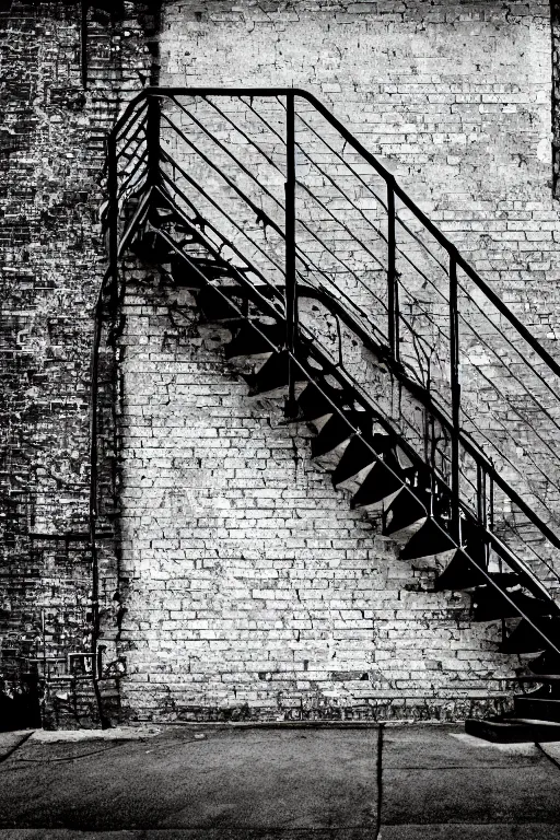 Image similar to small overgrown urban garden at twilight in Montreal backalley, brick wall, metal spiral staircase, overcast sky, moonlight, volumetric lighting, cell-shading, blue and black color scheme