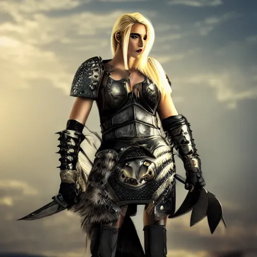 Prompt: beautiful blonde warrior girl with leather armor and wolf pelts, wolf heads, aggressive look, full body, photorealistic, soft lighting