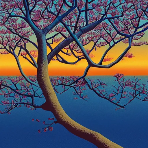 Image similar to birds on cherry tree, Changelingcore, serene, graceful, sunset photo at golden hour, Kodachrome, digital painting by M. C. Escher