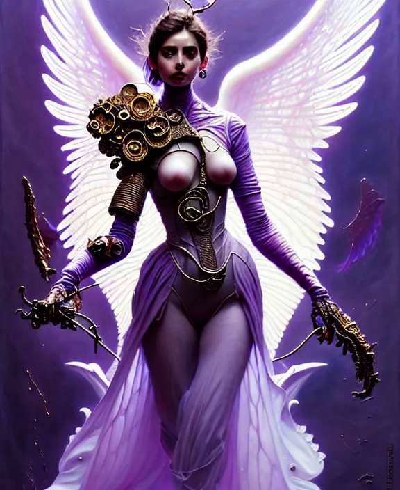 Image similar to beautiful fantasy character portrait, ana de armas, ultra realistic, wide angle, intricate details, the fifth element artifacts, tesseracts, highlights of purple, highly detailed by peter mohrbacher, hajime sorayama, wayne barlowe, boris vallejo, paolo eleuteri serpieri, dishonored 2, white gown, angel wings