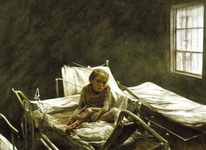 Prompt: poor child in a coma in a dirty makeshift hospital, painting by andrew wyeth and alan lee, very detailed, somber mood,