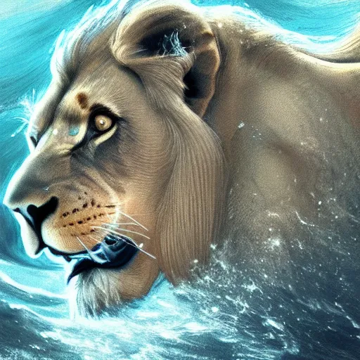 Image similar to a male lion's face breaching through a wave, stormy weather, ocean sprites, closeup of face, trending on artstation, dark lighting