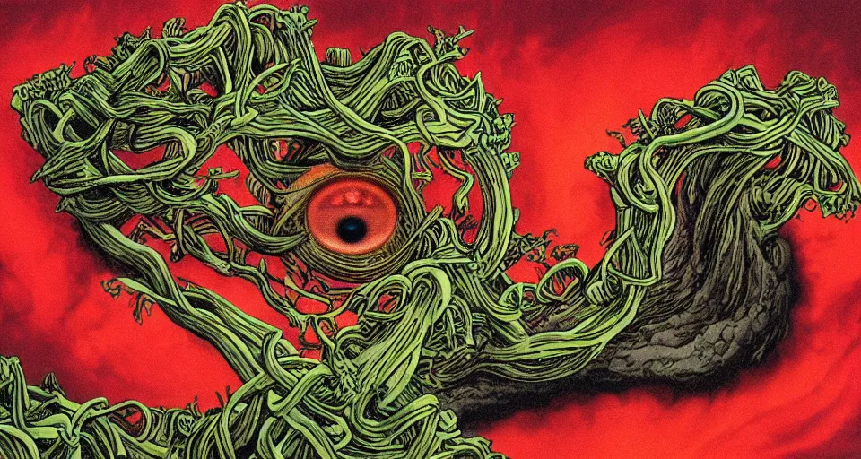 Image similar to a volcano made of ivory vines and crimson rocks enters in eruption, it spits a smoke in the shape of demonic eye, by ED roth