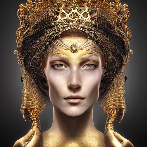 Image similar to a beautiful symmetrical head wearing a crown made of golden ornaments by alex gray and android jones , Karol Bak, Ayami Kojima, Amano , 3D, 8k resolution