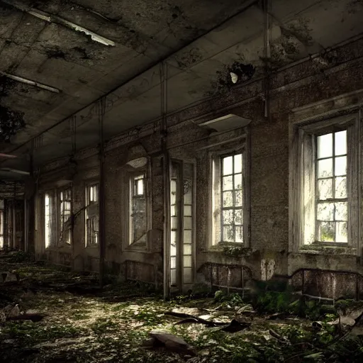 Prompt: Abounded Asylum in the middle of a dense forest, Dynamic lighting, Realism, Realistic,