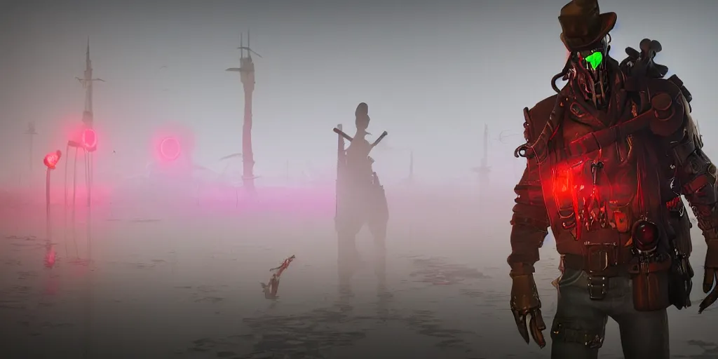 Image similar to inside of strange misty estuary landscape a gamekeeper wearing a steampunk and neonpunk mechanical fluorescent mystical animal mask and red hood. in style of fornite game. night fog, beautiful render, octane render