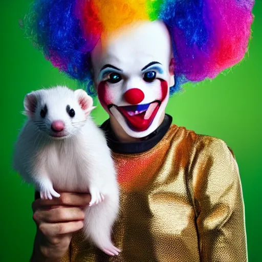 Image similar to ferret with clown makeup and rainbow clown wig