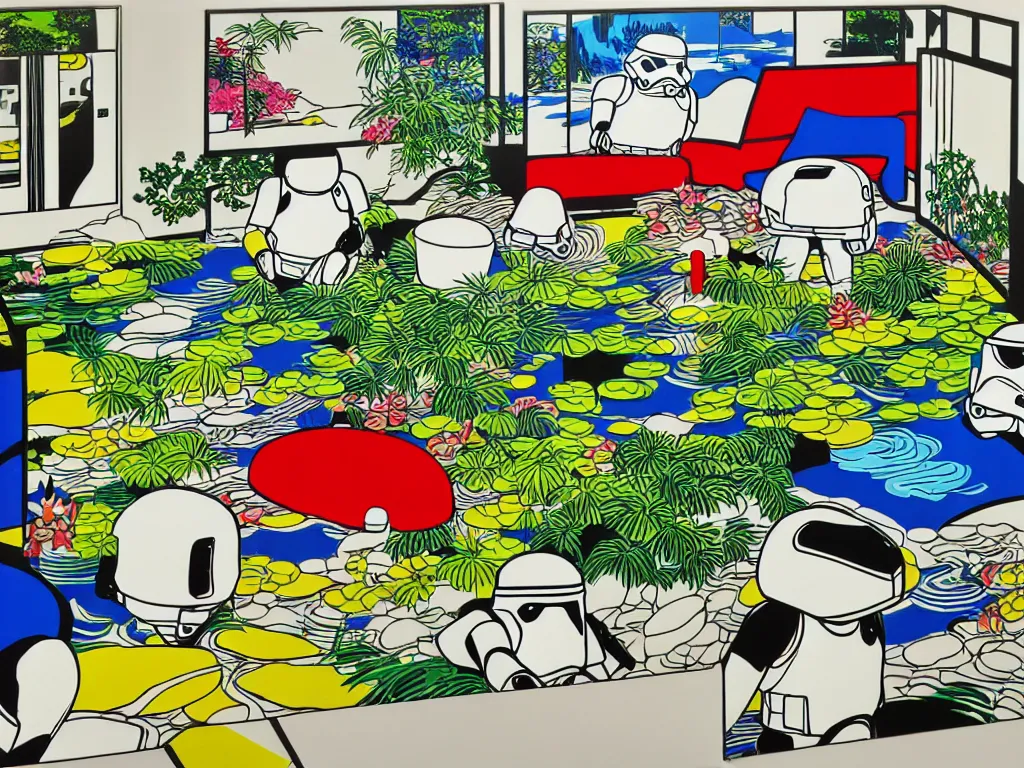 Image similar to hyperrealistic composition of the japanese home with a garden and a pond, 2 stormtroopers sitting around it, pop - art style, jacky tsai style, andy warhol style, roy lichtenstein style, rich palette, acrylic on canvas