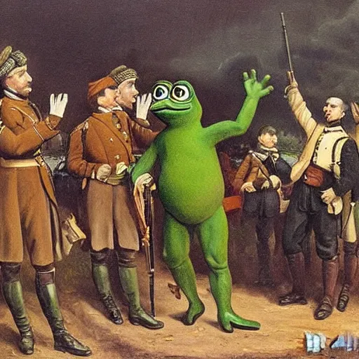 Image similar to pepe the frog saluting prussians soldiers in 1864, expressive oil painting