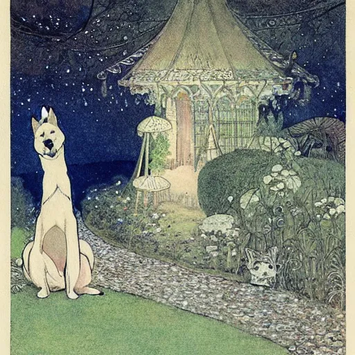 Image similar to an akita inu sitting in a moonlit palace garden, by warwick goble and kay nielsen